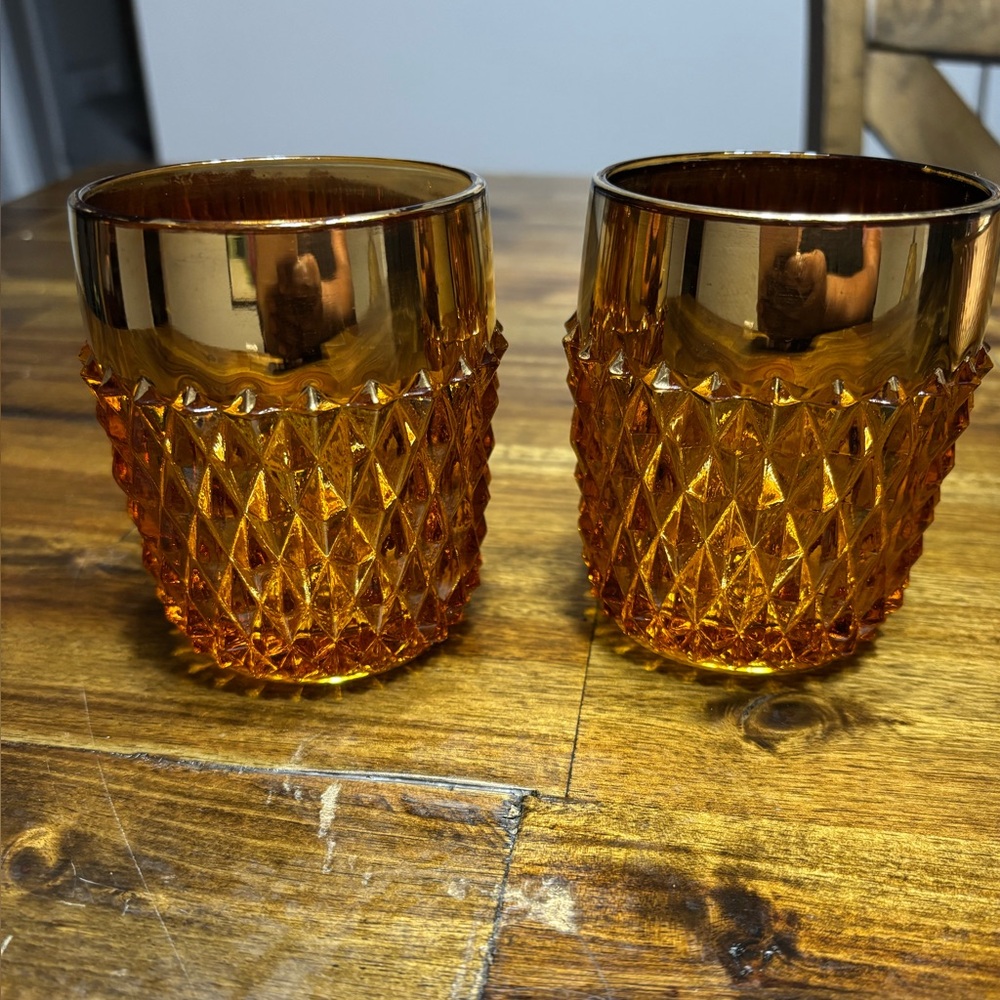 Indiana Amber Diamond Cut Gold Top Glassware
